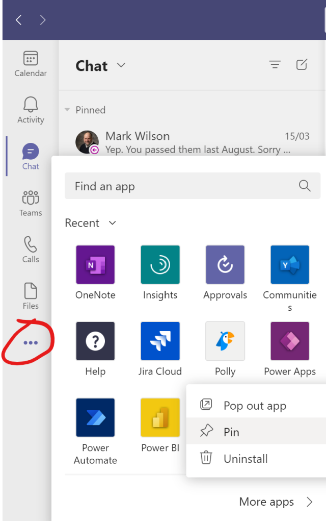 Screenshot of Microsoft Teams installed app search box showing how to pin an app