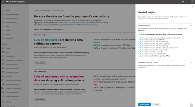 Screenshot of data leak insights from Insider Risk Management Analytics. 